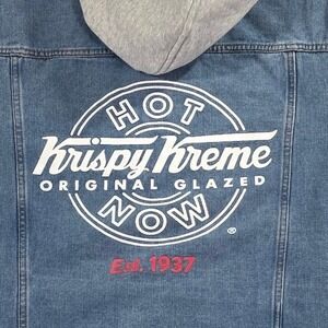 Krispy Kreme Denim Hooded Trucker Jacket 2XL Blue Mixed Media Graphic Workwear